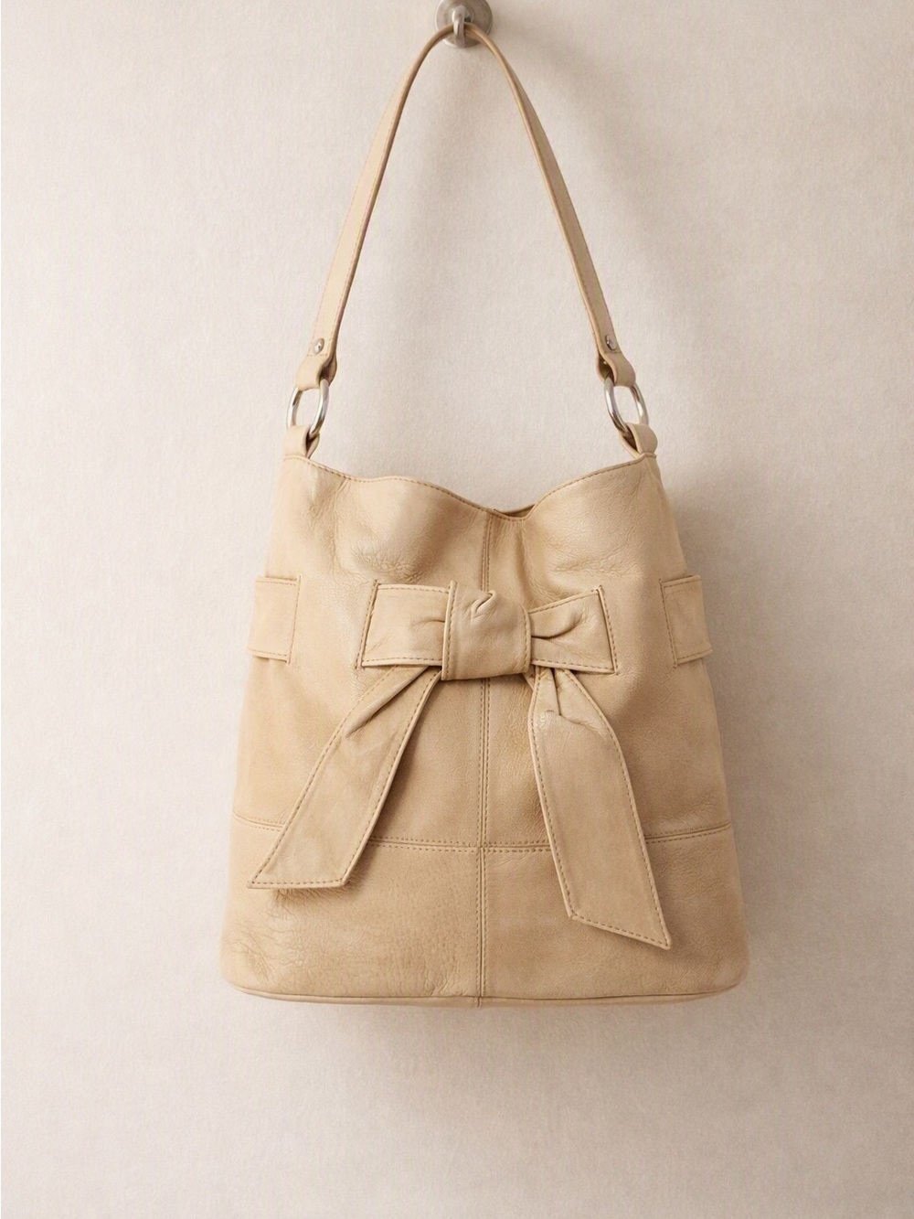 Alfani Vintage Y2K Tan Caramel Genuine Leather Bow Front Shoulder Tote Bag